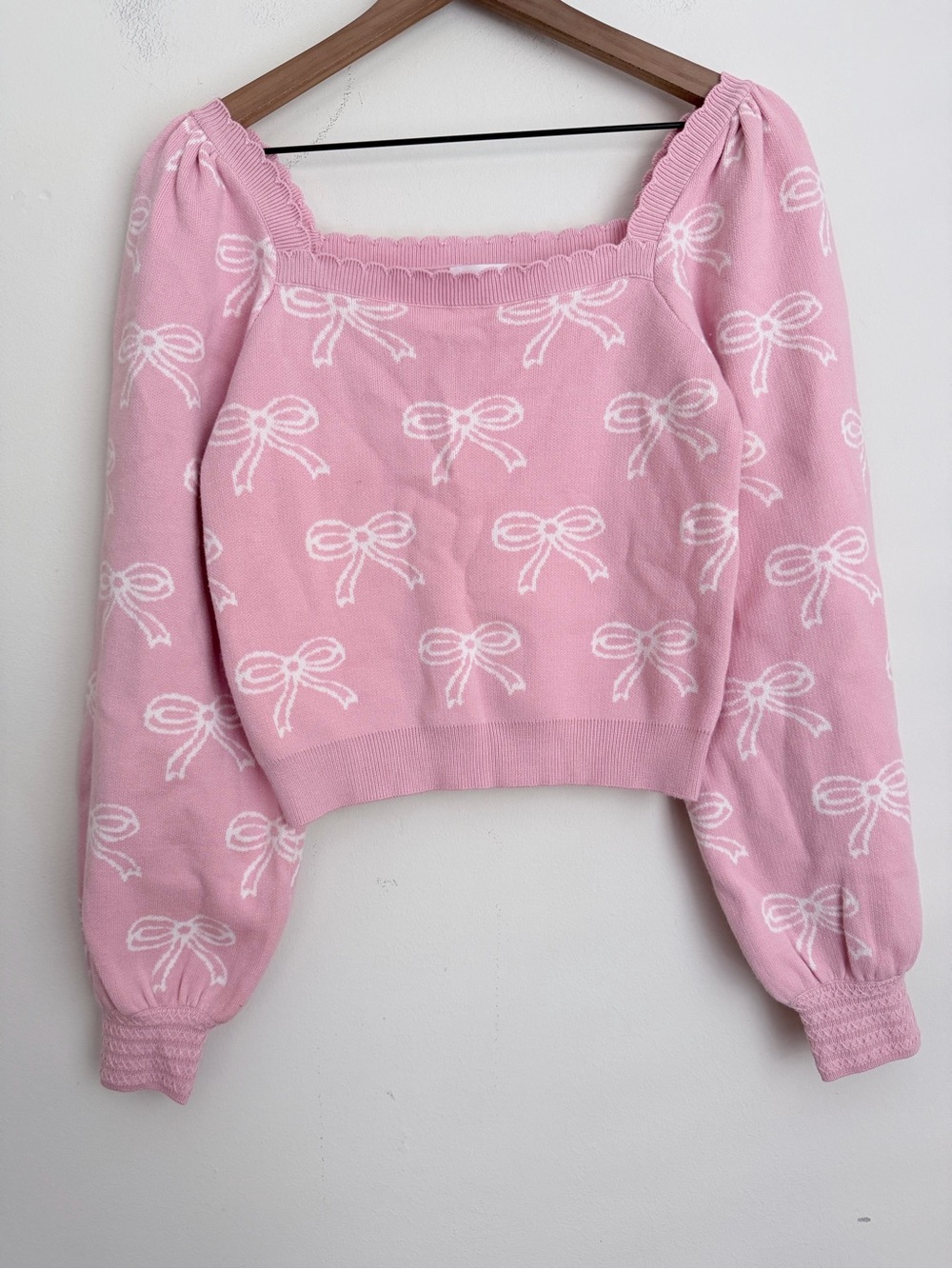 Willow & Wind Bow Sweater Pink Coquette‎ Knit Puff Sleeve Balletcore Top L NWT